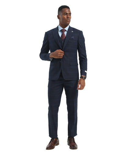 Men's Suit Navy Peak Lapel 3pc Hybrid Fit 3pc Plaid Suits