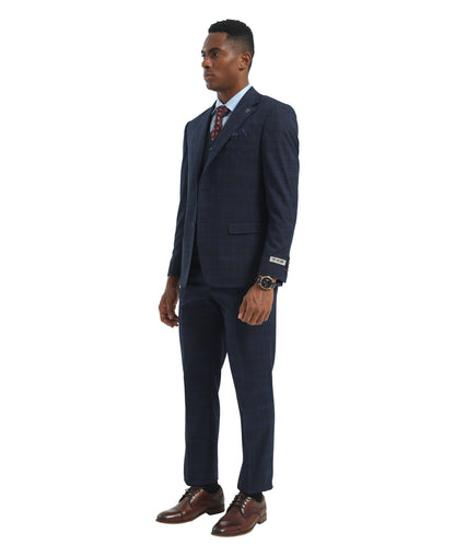 Men's Suit Navy Peak Lapel 3pc Hybrid Fit 3pc Plaid Suits