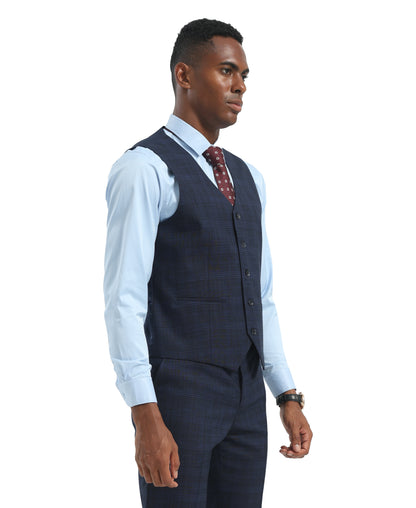 Men's Suit Navy Peak Lapel 3pc Hybrid Fit 3pc Plaid Suits